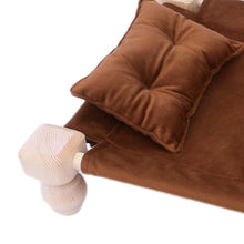 Load image into Gallery viewer, Babymoon Velvet Cover Wooden Bed | Wooden Properties | Pillow | Baby Photoshoot Props | Brown