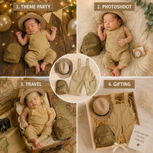Load image into Gallery viewer, Babymoon Set of 3 | Baby Safari Jungle Explorer Theme outfit with Romper Mini Hat & Bag | Milestone Photoshoot Dress | Forest Adventure Campano Costume | 0-3 Months