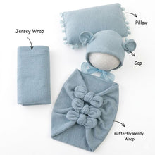 Load image into Gallery viewer, Babymoon (Set Of 4) Butterfly Ready Wrap, Jersey wrap, Pillow & Cap Baby Photography Props-Light Blue