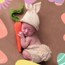 Load image into Gallery viewer, Babymoon Set of 3 | Baby Carrot Theme Rabbit Costume | Baby Photoshoot Props | Baby Gift Set | Short Hat & Carrot Toy | 0-3 Months