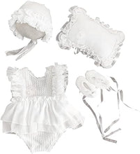 Load image into Gallery viewer, Babymoon | Set Of 4 | Baby Lace Romper, Cap, Pillow & Shoes | Baby Photography Photoshoot Props Costumes | 0-3 Months | White
