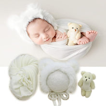 Load image into Gallery viewer, Babymoon Set of 3 | Bonnet, Wrap n Bear Teddy New Born | Baby Photography Props | Costumes | White
