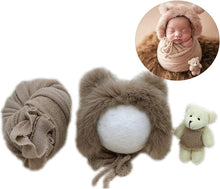 Load image into Gallery viewer, Babymoon Set of 3 | Bonnet, Wrap n Bear Teddy New Born | Baby Photography Props | Costumes | Brown
