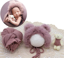 Load image into Gallery viewer, Babymoon Set of 3 | Bonnet, Wrap n Bear Teddy New Born | Baby Photography Props | Costumes | Purple