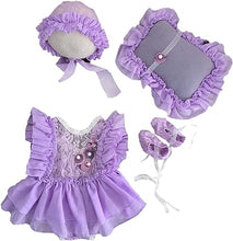 Load image into Gallery viewer, Babymoon | Set Of 4 |  Baby Lace Romper, Cap, Pillow &amp; Shoes | Baby Photography Photoshoot Props Costumes | 1 yr | Purple
