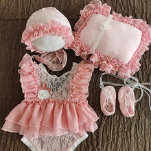 Load image into Gallery viewer, Babymoon | Set Of 4 | Baby Lace Romper, Cap, Pillow & Shoes | Baby Photography Photoshoot Props Costumes | 0-3 Months | Pink