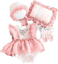 Load image into Gallery viewer, Babymoon | Set Of 4 | Baby Lace Romper, Cap, Pillow & Shoes | Baby Photography Photoshoot Props Costumes | 0-3 Months | Pink