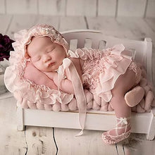 Load image into Gallery viewer, Babymoon | Set Of 4 |  Baby Lace Romper, Cap, Pillow &amp; Shoes | Baby Photography Photoshoot Props Costumes | 1 yr | Pink
