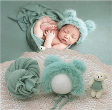 Load image into Gallery viewer, Babymoon Set of 3 | Bonnet, Wrap n Bear Teddy New Born | Baby Photography Props | Costumes | Green
