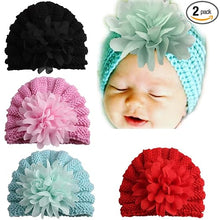 Load image into Gallery viewer, Babymoon | Set of 2 | Knit Flower Cap Newborn Photography Crochet Outfit Costume | Pink & Black