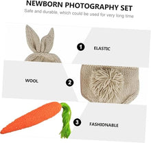 Load image into Gallery viewer, Babymoon Set of 3 | Baby Carrot Theme Rabbit Costume | Baby Photoshoot Props | Baby Gift Set | Short Hat & Carrot Toy | 0-3 Months