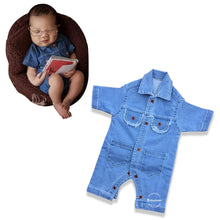 Load image into Gallery viewer, Babymoon Newborn Photography Props | Baby Photoshoot Props | Costume | Romper | Baby Props for Photoshoot | Denim Romper | Blue
