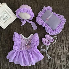 Load image into Gallery viewer, Babymoon | Set Of 4 |  Baby Lace Romper, Cap, Pillow &amp; Shoes | Baby Photography Photoshoot Props Costumes | 1 yr | Purple
