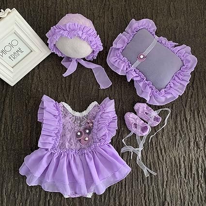 Babymoon | Set Of 4 |  Baby Lace Romper, Cap, Pillow & Shoes | Baby Photography Photoshoot Props Costumes | 1 yr | Purple