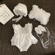 Load image into Gallery viewer, Babymoon | Set Of 4 |  Baby Lace Romper, Cap, Pillow &amp; Shoes | Baby Photography Photoshoot Props Costumes | 1 yr | White
