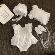 Load image into Gallery viewer, Babymoon | Set Of 4 | Baby Lace Romper, Cap, Pillow & Shoes | Baby Photography Photoshoot Props Costumes | 0-3 Months | White