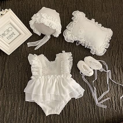 Babymoon | Set Of 4 |  Baby Lace Romper, Cap, Pillow & Shoes | Baby Photography Photoshoot Props Costumes | 1 yr | White