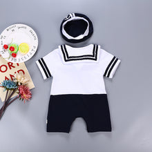 Load image into Gallery viewer, Babymoon Mediterranean Sailor Outfit | Romper with Hat | Beach Sea Style | Baby Photography Prop