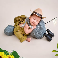 Load image into Gallery viewer, Babymoon Set of 3 | Baby Safari Jungle Explorer Theme outfit with Romper Mini Hat & Bag | Milestone Photoshoot Dress | Forest Adventure Campano Costume | 0-3 Months