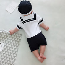 Load image into Gallery viewer, Babymoon Mediterranean Sailor Outfit | Romper with Hat | Beach Sea Style | Baby Photography Prop