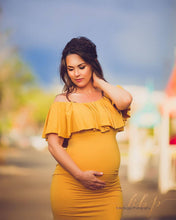 Load image into Gallery viewer, Babymoon Off Shoulder Ruffle Neck Stretchable Maternity Gown Dress | Yellow