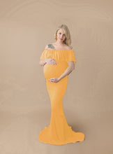 Load image into Gallery viewer, Babymoon Off Shoulder Ruffle Neck Stretchable Maternity Gown Dress | Yellow