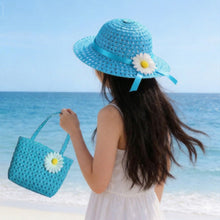 Load image into Gallery viewer, Babymoon Set of 2 | Baby Girls Summer Sunflower Straw Kids Sun Hat with Sling Purse Handbag | Beach Hat | 2-6 Years | Blue
