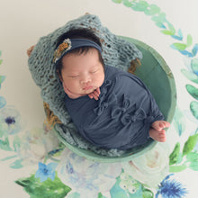 Load image into Gallery viewer, Babymoon Set Of 7 | Butterfly Ready Wrap, Bow Wrap, Hat, Posing Aid Moon And Flower Headband | Baby Photography Props | DarkBlue