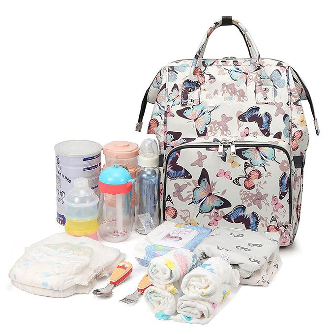 Babymoon Mother Diaper Bag Lightweight Multifunctional Travel Unisex Diaper Backpack | White Butterfly