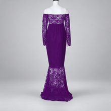 Load image into Gallery viewer, Babymoon Lace Off Shoulder Maternity Gown Dress - Purple