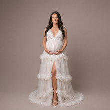 Load image into Gallery viewer, Babymoon Fluffy Off Shoulder Maternity Gown Dress | White