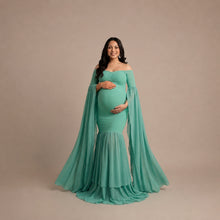 Load image into Gallery viewer, Babymoon Off Shoulder Long Tail Maternity Gown Dress - Green