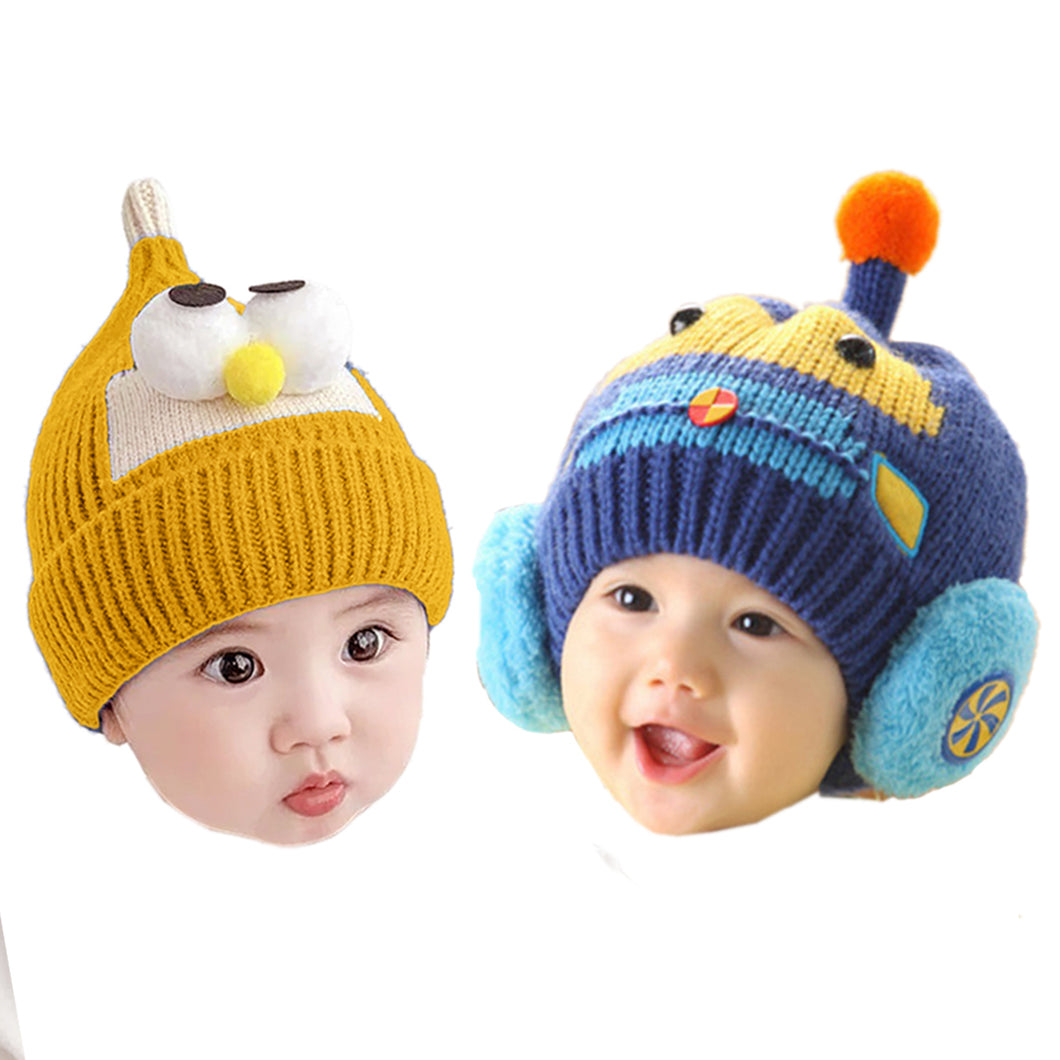 Babymoon Angry Birds & Robot Woolen Winter Hat Cap | Set Of 2 | Blue & Yellow