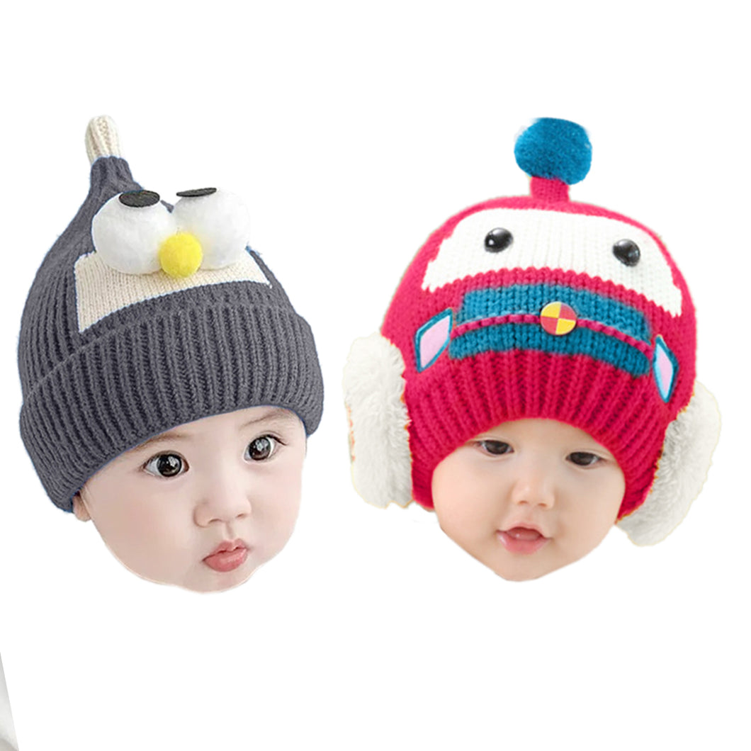 Babymoon Angry Birds & Robot Woolen Winter Hat Cap | Set Of 2 | Pink & Grey