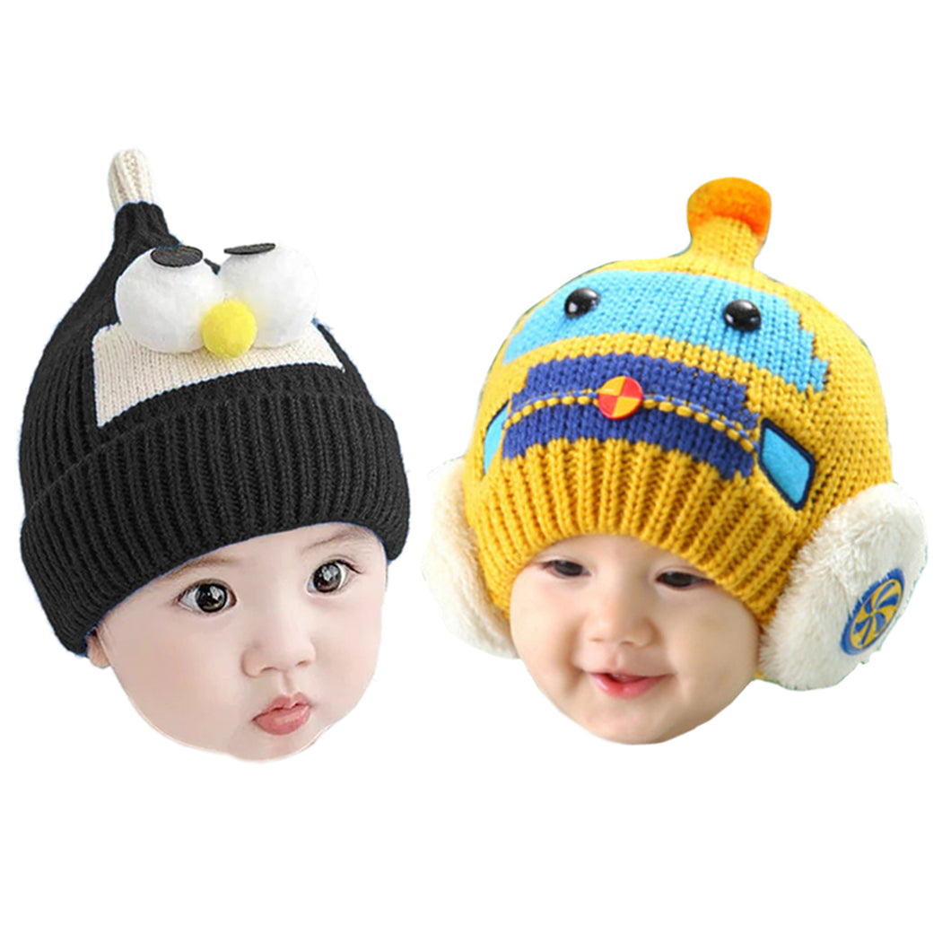 Babymoon Angry Birds & Robot Woolen Winter Hat Cap | Set Of 2 | Black & Yellow
