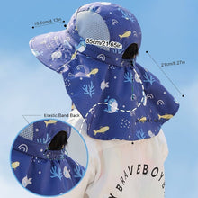 Load image into Gallery viewer, Babymoon Neck Flap Baby Boys Girls Kids Cartoon Summer Cap with Whistle and Adjustable Chin Strap Sun Beach Hat | Fish Blue | 4-8 Year