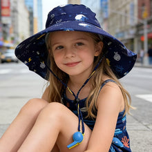 Load image into Gallery viewer, Babymoon Neck Flap Baby Boys Girls Kids Cartoon Summer Cap with Whistle and Adjustable Chin Strap Sun Beach Hat | Fish Blue | 4-8 Year