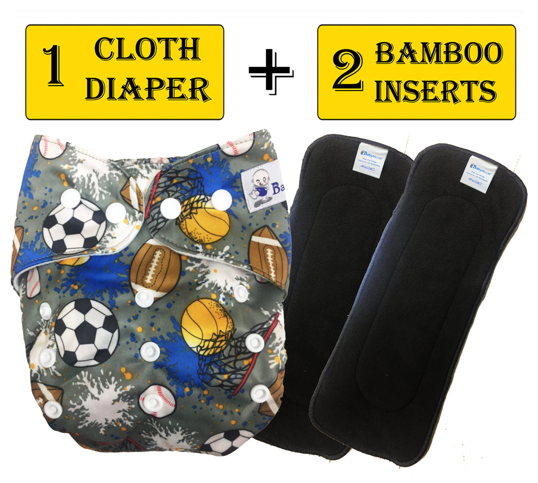 Babymoon 1 Cloth Diaper with 2 5Layers Grey Insert Premium Adjustable Reusable Cloth Diaper (Grey Football)