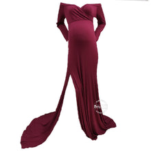 Load image into Gallery viewer, Babymoon Off Shoulder Full Sleeve Maternity Gown Dress - Maroon
