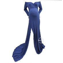 Load image into Gallery viewer, Babymoon Off Shoulder Full Sleeve Maternity Gown Dress - Blue