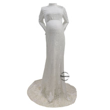 Load image into Gallery viewer, Babymoon High Neck Full Sleeve Maternity Gown Dress - White