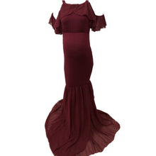 Load image into Gallery viewer, Babymoon Lace Leaky Shoulder Maternity Gown Dress - Maroon