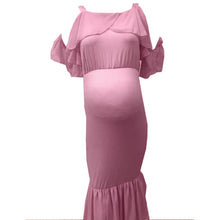 Load image into Gallery viewer, Babymoon Lace Leaky Shoulder Maternity Gown Dress - Pink

