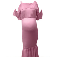 Load image into Gallery viewer, Babymoon Lace Leaky Shoulder Maternity Gown Dress - Pink