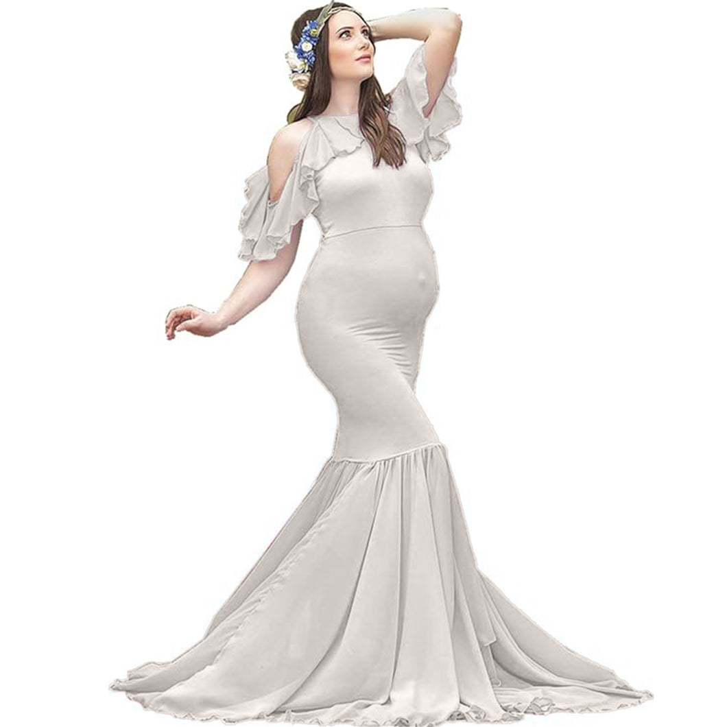 Babymoon Lace Leaky Shoulder Maternity Gown Dress - White