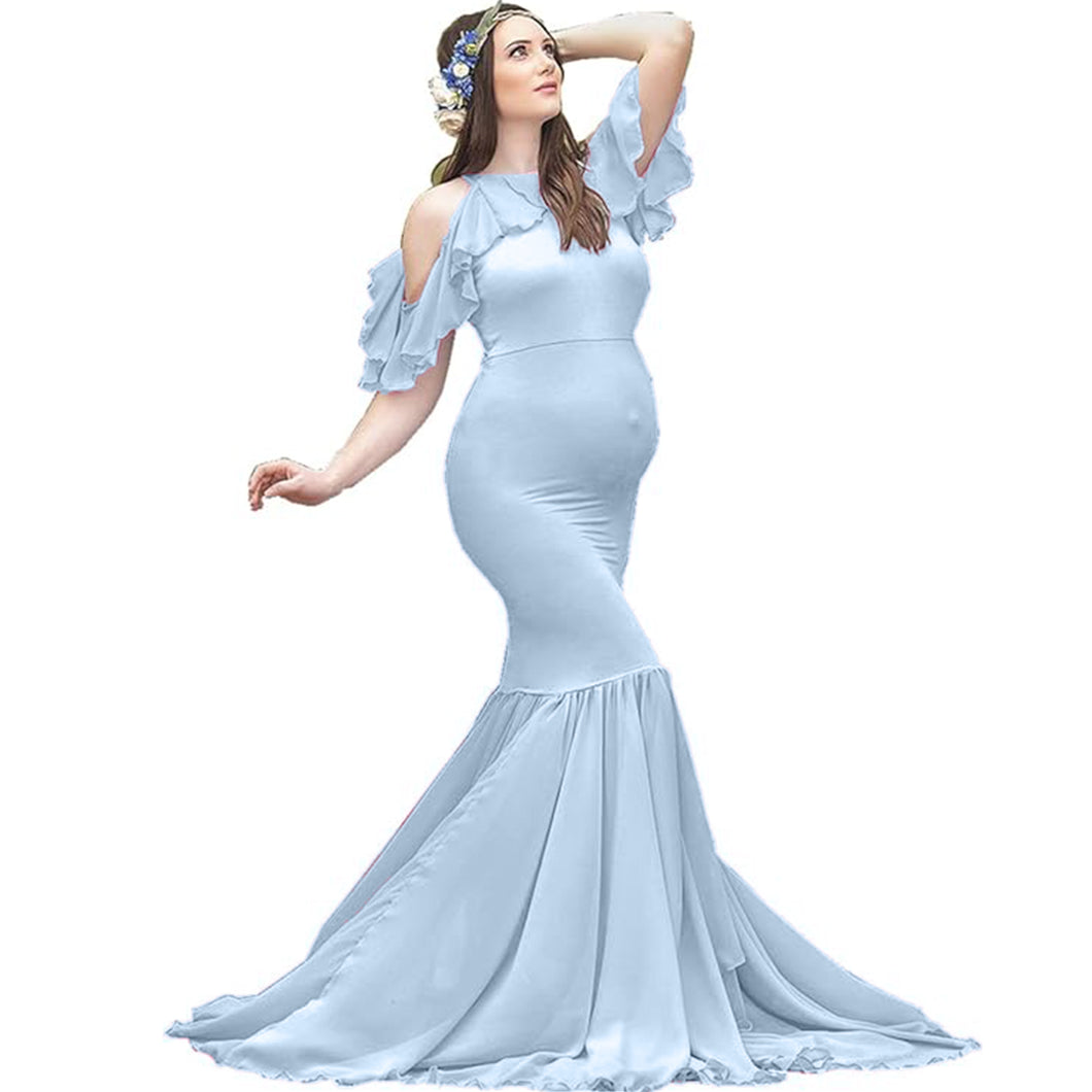 Babymoon Lace Leaky Shoulder Maternity Gown Dress - Blue