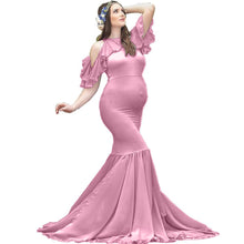 Load image into Gallery viewer, Babymoon Lace Leaky Shoulder Maternity Gown Dress - Pink