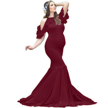 Load image into Gallery viewer, Babymoon Lace Leaky Shoulder Maternity Gown Dress - Maroon