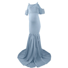 Load image into Gallery viewer, Babymoon Lace Leaky Shoulder Maternity Gown Dress - Blue