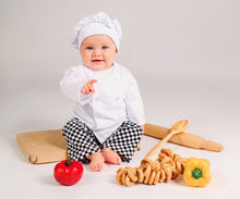 Load image into Gallery viewer, Babymoon Set of 3 | Baby Chef Coat with Hat and Pant | Baker MasterChef Baby Photoshoot Props | Chef Theme | 0-3 Months